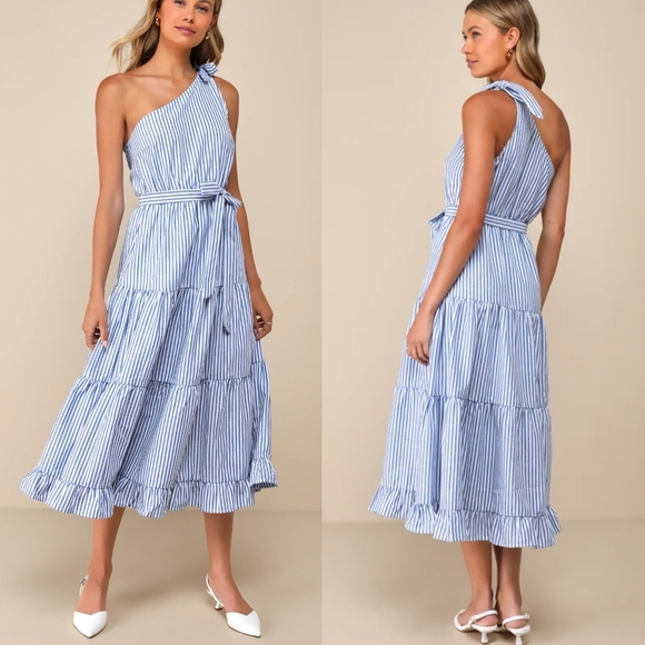 Lulus Dresses & Skirts - Lulu's Gleeful Getaway Nautical Striped Linen One Shoulder Midi Dress Size S